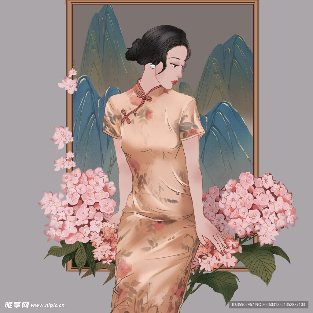 古典旗袍女子与烂漫繁花