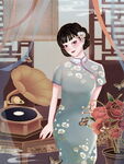 复古旗袍女子与留声机