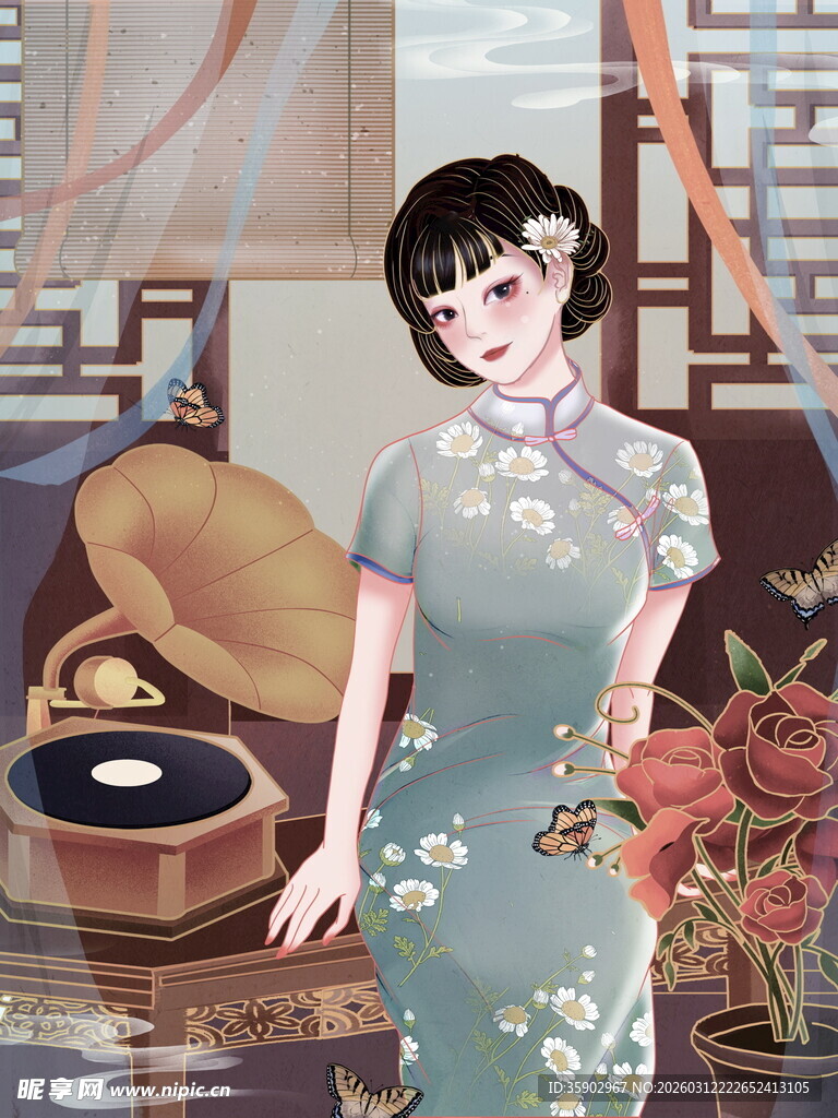 复古旗袍女子与留声机