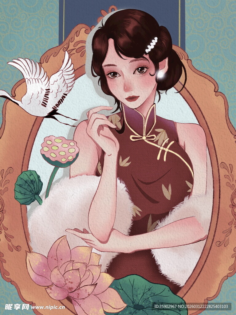 古风旗袍女子与飞鸟花卉