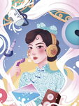 复古少女与奇幻元素创意插画