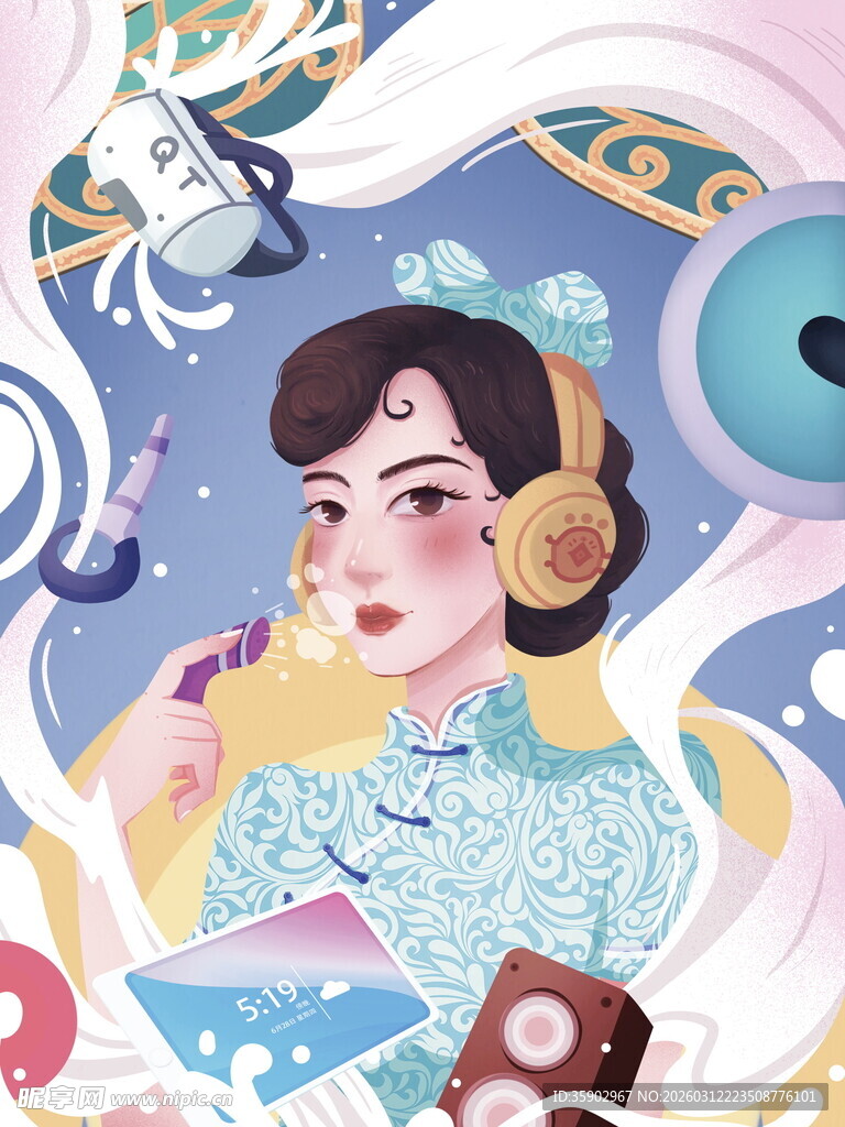 复古少女与奇幻元素创意插画