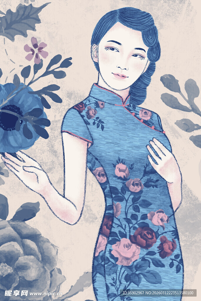 旗袍女子手持花优雅动人