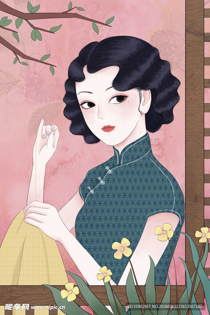 复古旗袍女子优雅姿态