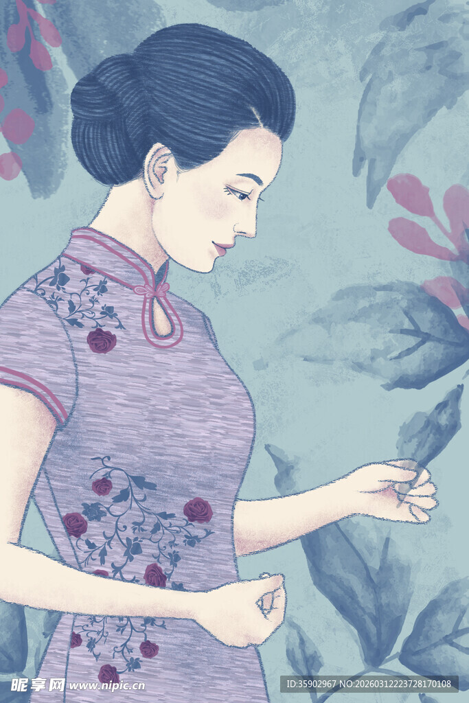 旗袍女子赏弄花枝