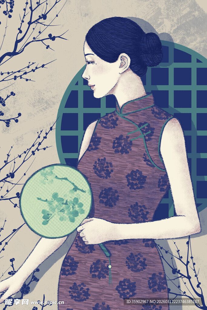 旗袍女子手持团扇赏景