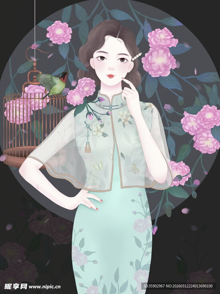 古典旗袍女子与繁花