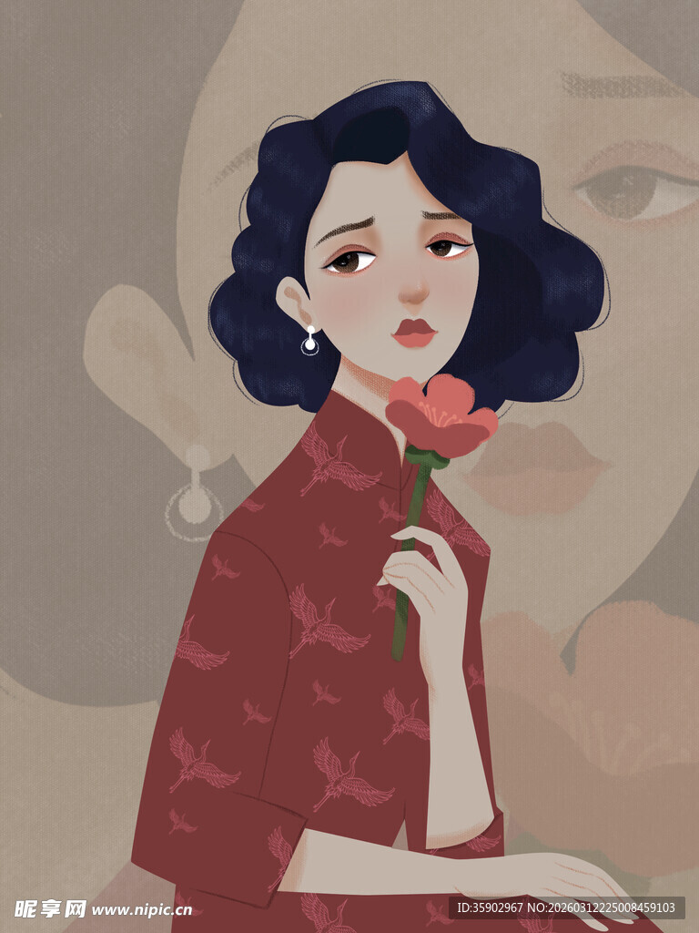 手持玫瑰的优雅短发女子