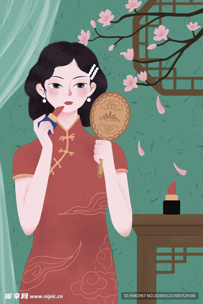 旗袍女子持扇赏花韵