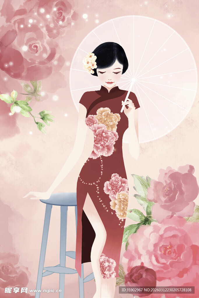 复古旗袍女子与烂漫繁花