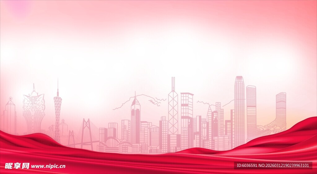 红色绸带映衬城市天际线