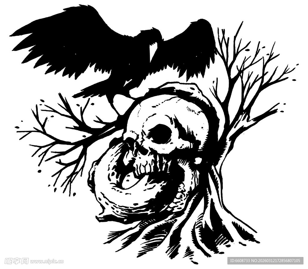 骷髅枝头的乌鸦纹身图案