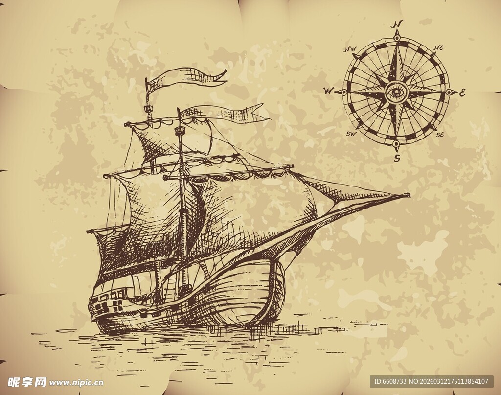 复古风帆船与航海罗盘