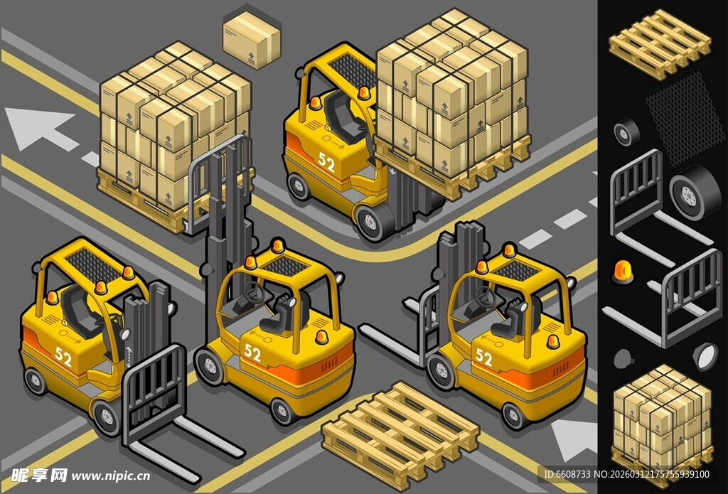 仓库中的黄色叉车与货物