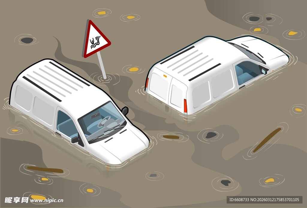 洪水淹没道路上的两辆汽车