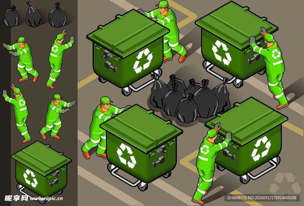 绿色小人搬运回收垃圾桶