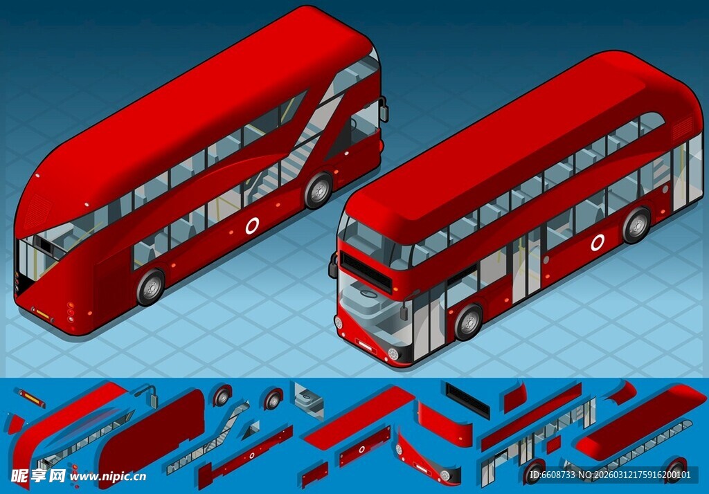红色双层巴士模型及部件