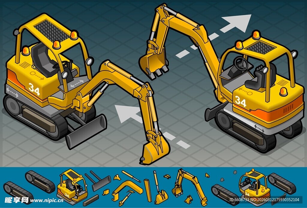 两台黄色挖掘机及工具