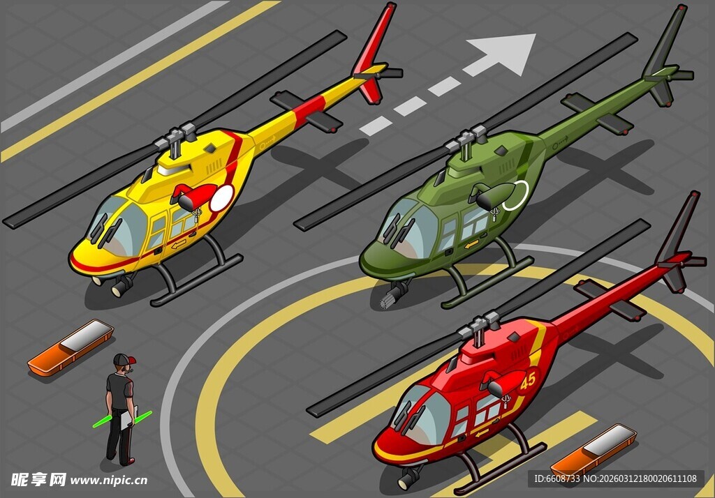 停机坪上的多彩直升机