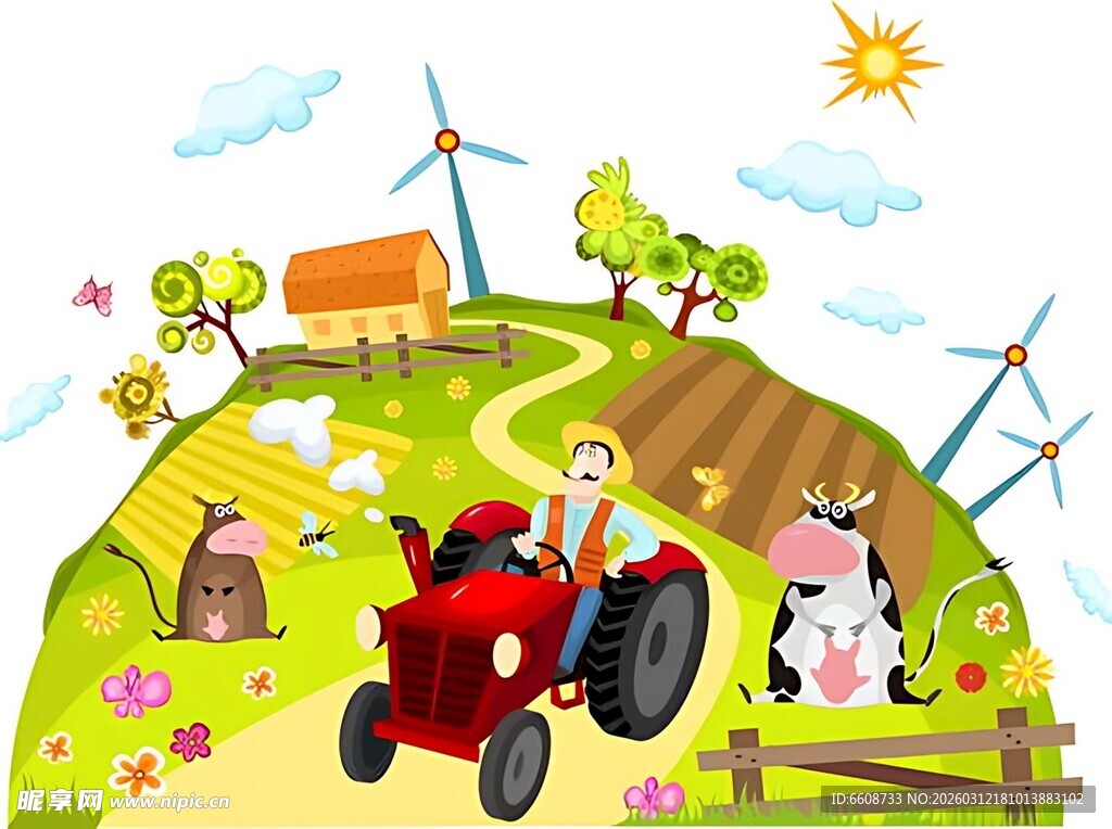 田园童孩子与农机和奶牛