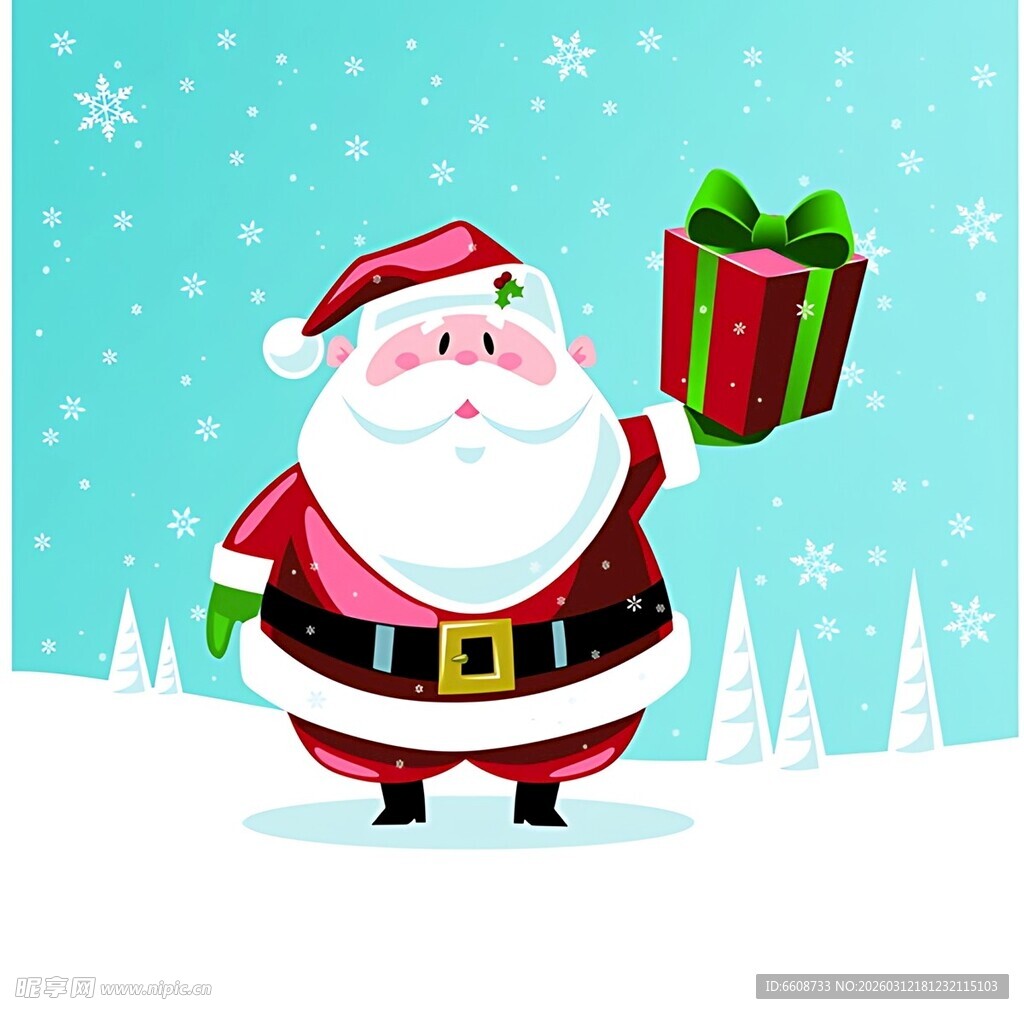 圣诞老人手持礼物站在雪地