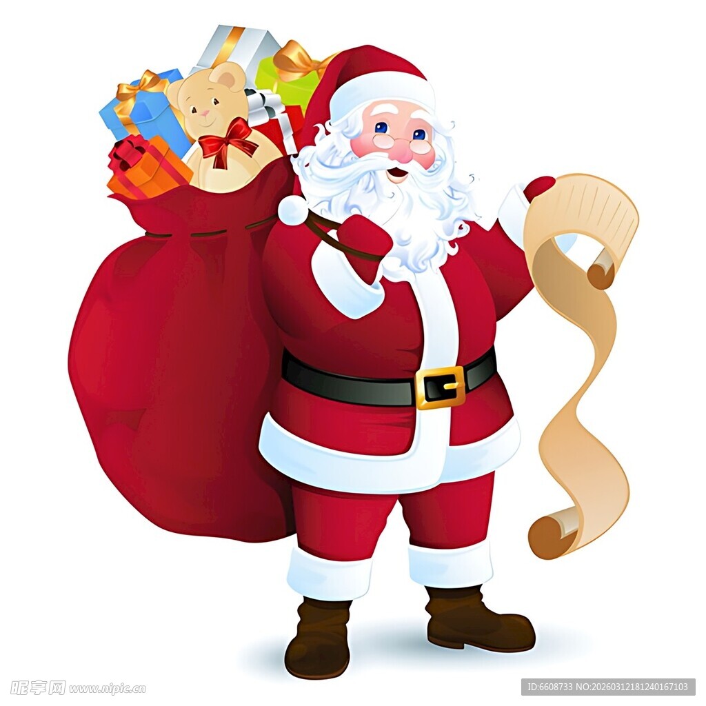 圣诞老人背着礼物查看清单