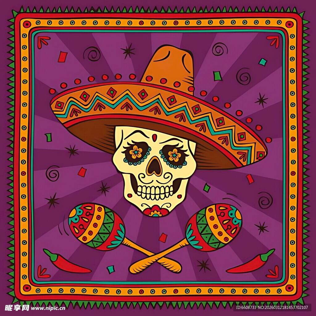 墨西哥风情骷髅与乐器图案