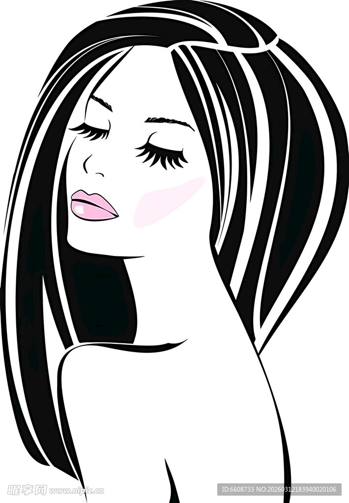 优雅闭眼长发女性插画