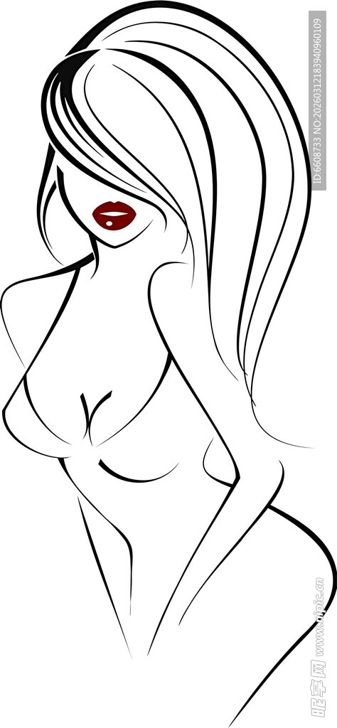 神秘红发女性线条插画