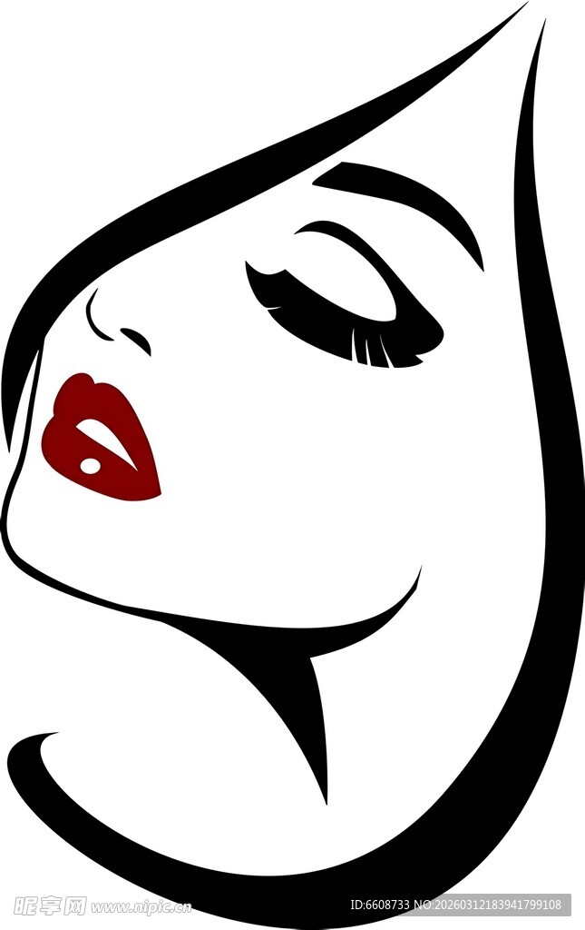 闭眼红唇女性简约线条画