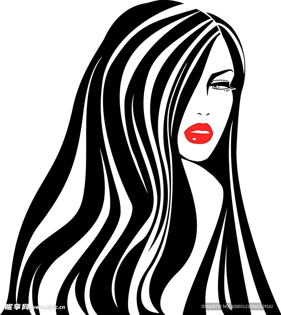 长发女性黑白艺术插画