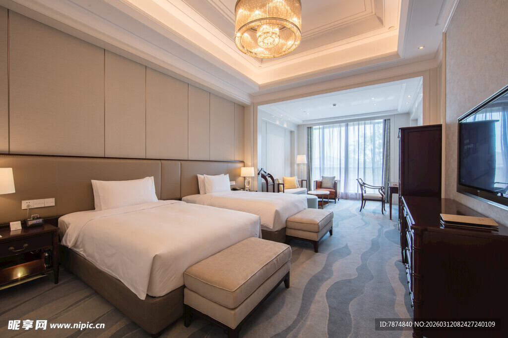 豪华双床酒店客房展示