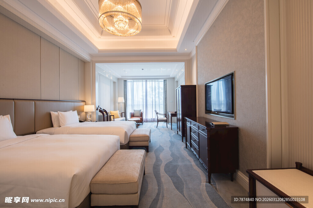 豪华双床酒店客房内景