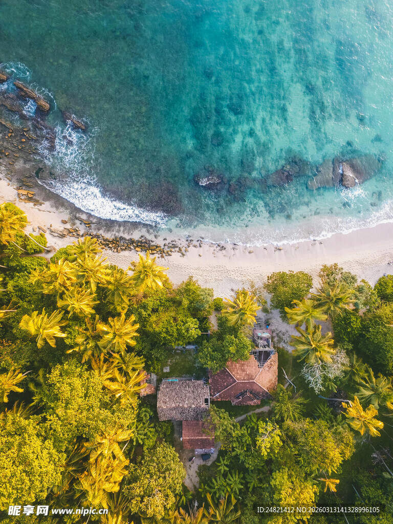 俯瞰碧海绿树环绕的海滩