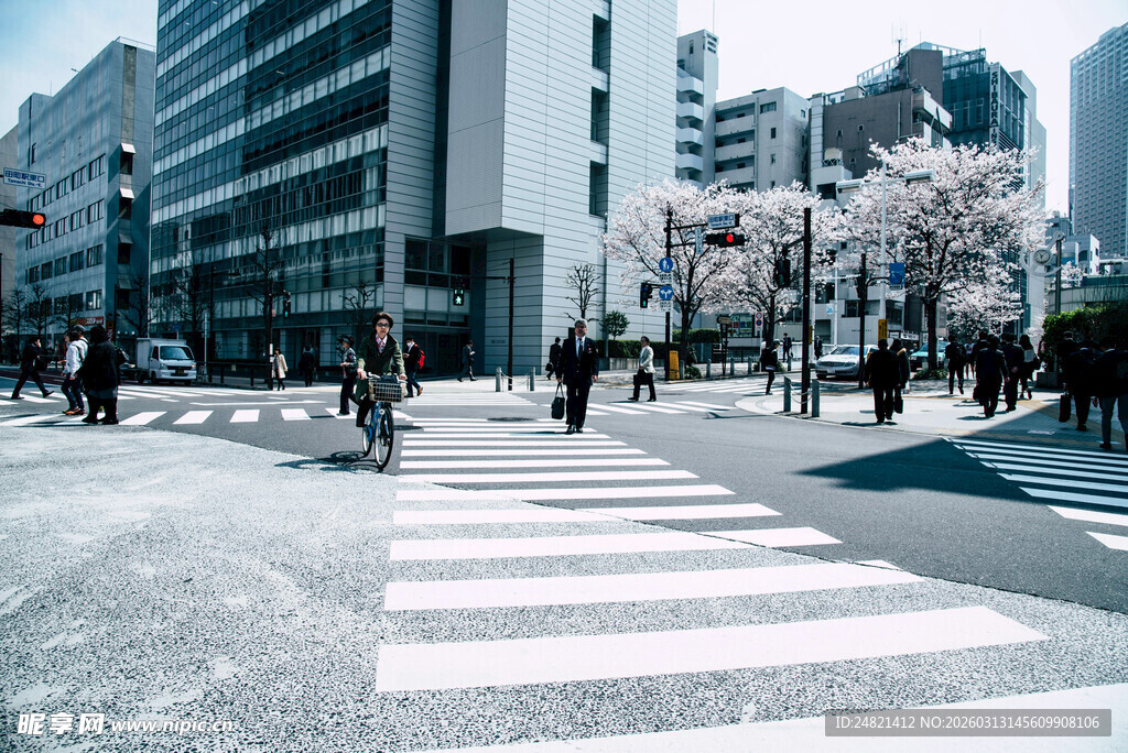 城市街道行人与斑马线景象