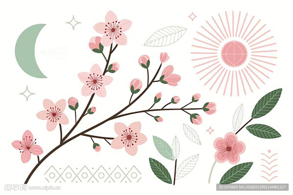 春日花卉枝叶装饰图案