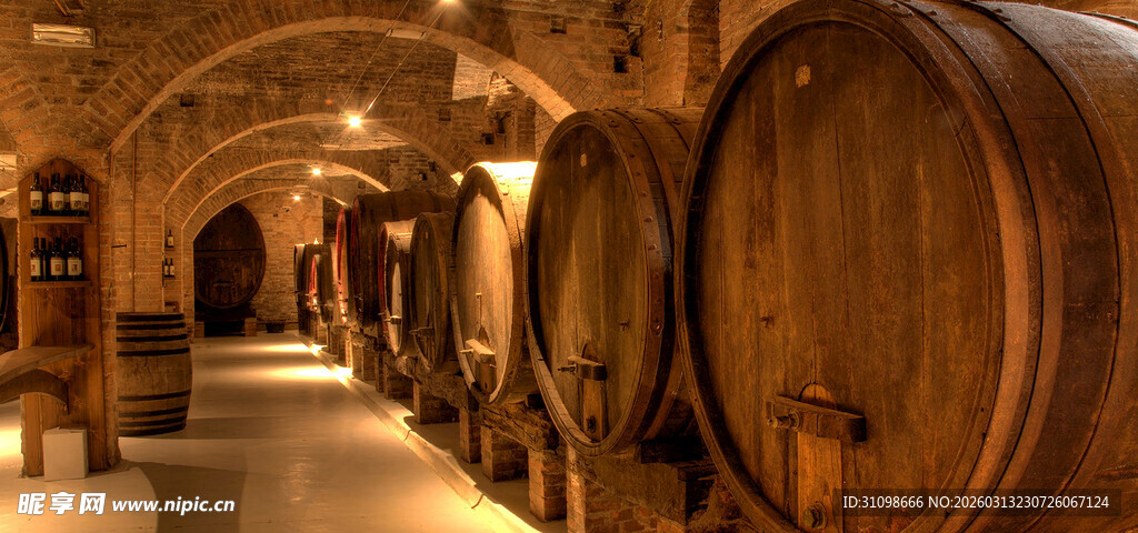 酒窖中排列的木质大酒桶