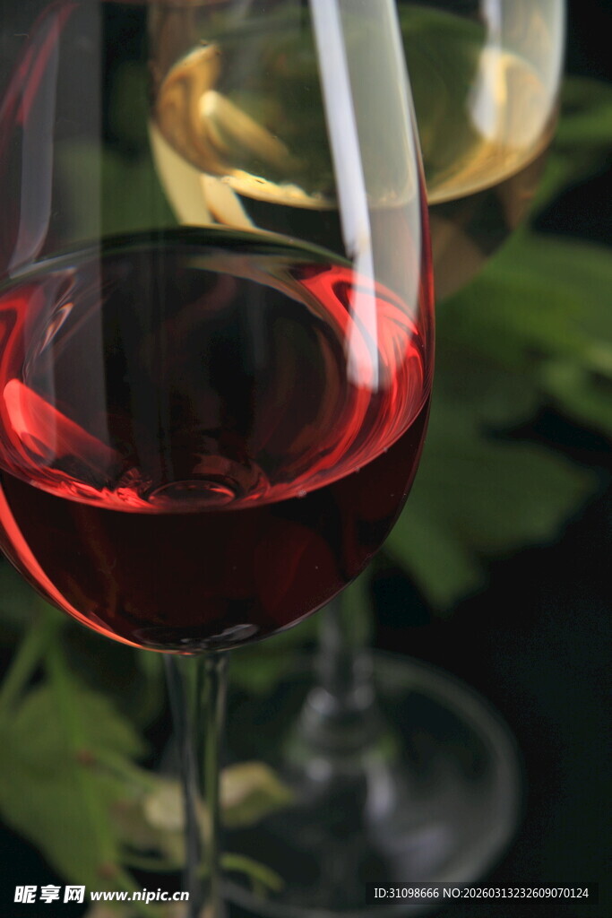 高脚杯中的红葡萄酒