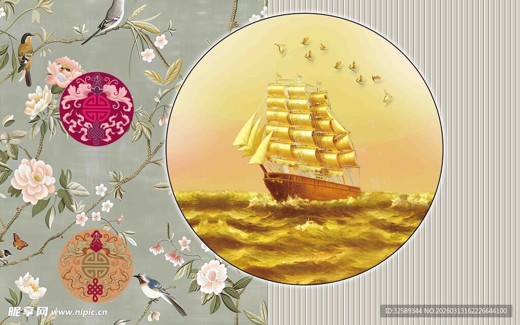 复古风海上帆船装饰图案