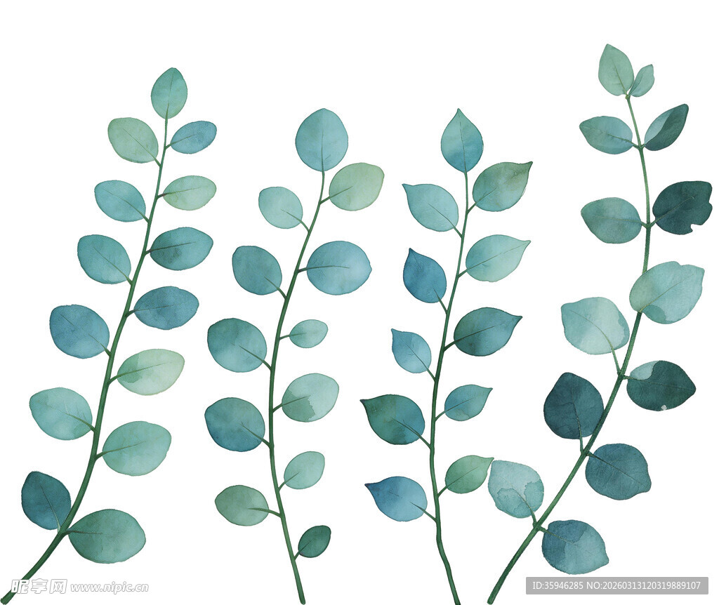 J清新蓝绿叶片水彩插画