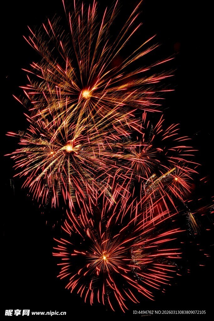 夜空中绚烂的红色烟花