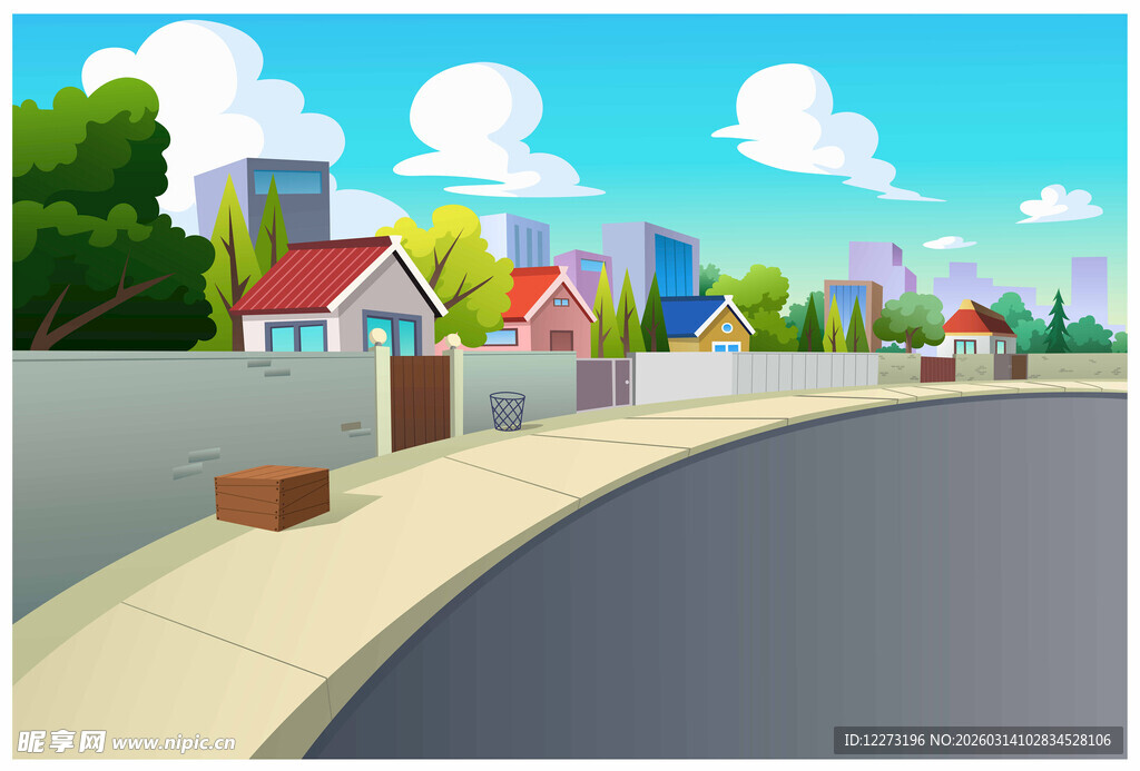 卡通风格的城镇街道风景