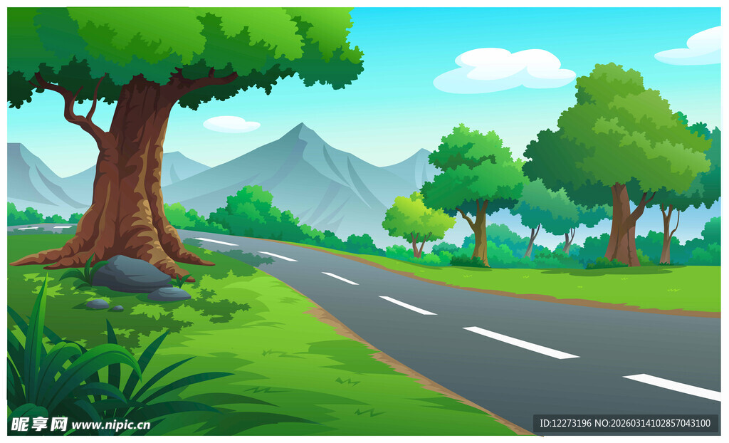 乡村公路旁的绿树风景