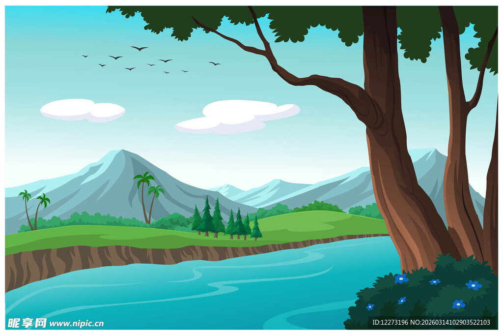 美丽河畔山林风景图