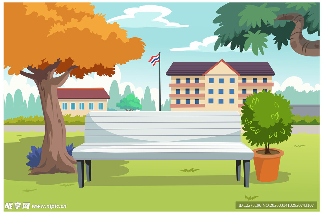 校园户外长椅与绿植风景
