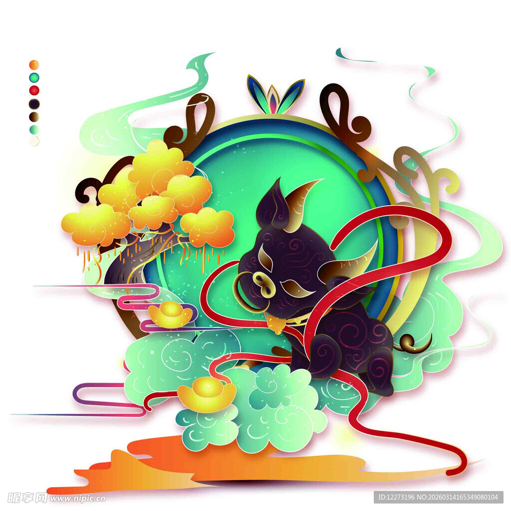 黑猫戏金桔的奇幻国风插画
