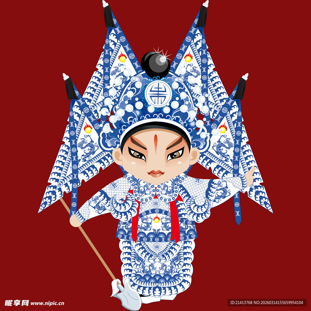 蓝白京剧武生卡通形象
