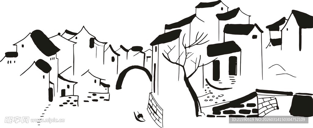水墨风江南水乡建筑图