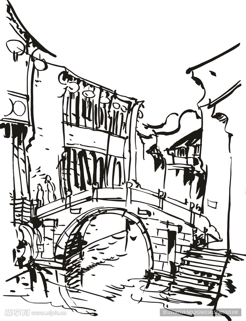 江南水乡黑白线描风景图