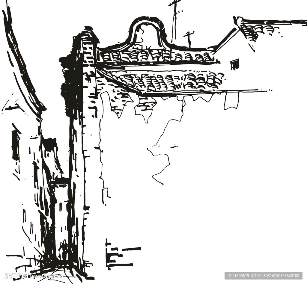 中式古建筑手绘一角